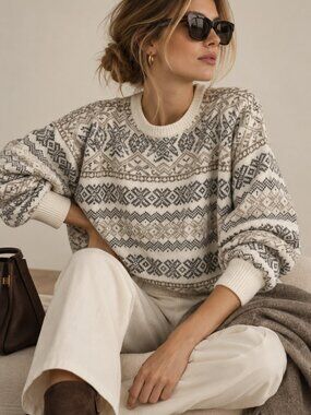 CLAIBORNE | Cream & Brown Patterned Crewneck Sweater – Women’s Medium